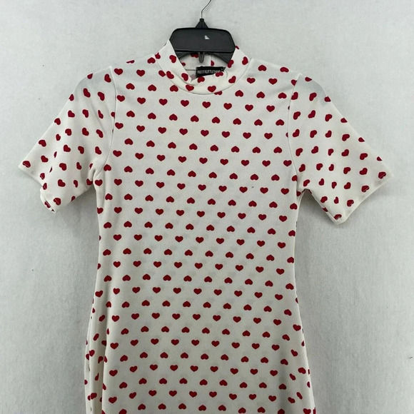 Pretty Little Thing Dress Women's Sz 4 Mini Bodycon White Heart Print High Neck - Picture 6 of 11
